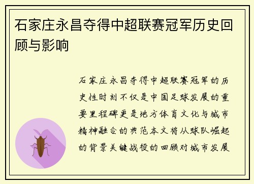 石家庄永昌夺得中超联赛冠军历史回顾与影响