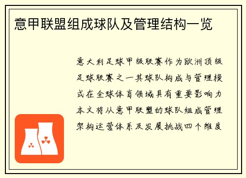 意甲联盟组成球队及管理结构一览